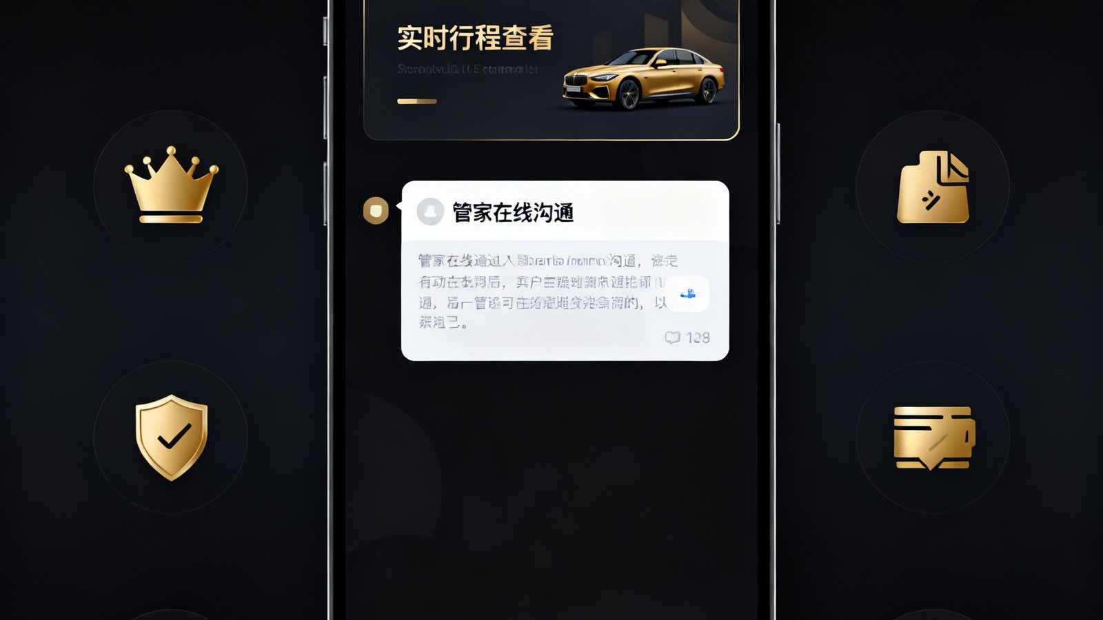 广东会贵宾厅集团自主研发的贵宾行程管理系统APP界面，展示实时行程查看、管家在线沟通、目的地资讯推送三大功能模块，界面采用深色主题搭配金色图标。