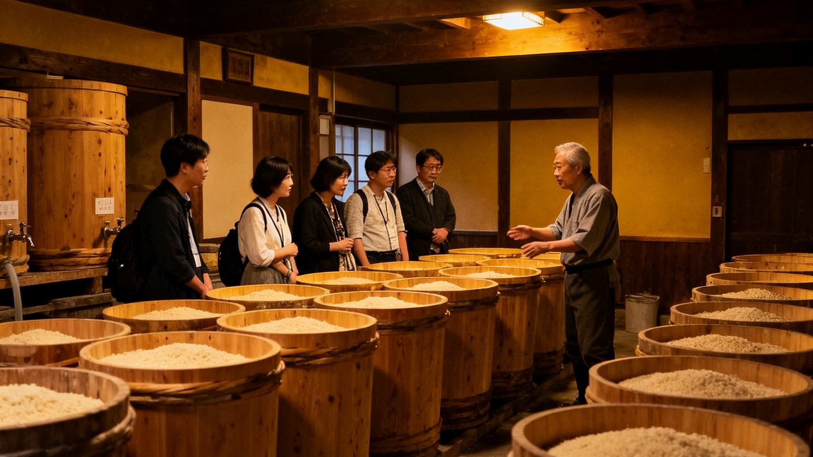 日本长崎一座百年清酒酿造工坊内部场景，几位中国游客在资深酿酒师的引导下参观传统木桶发酵区，暖黄灯光映照在排列整齐的杉木桶上，空气中弥漫着淡淡的米麴香气，这是普通旅行团无法进入的私密体验场所。