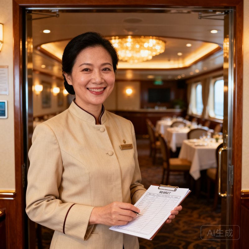 女性管家何美玲亲切半身照，身穿米色制服站在邮轮主餐厅入口处，手持预订名单面带温暖笑容，背后可见餐厅内温馨的灯光与整齐的餐桌布置，体现餐饮服务的细致周到。